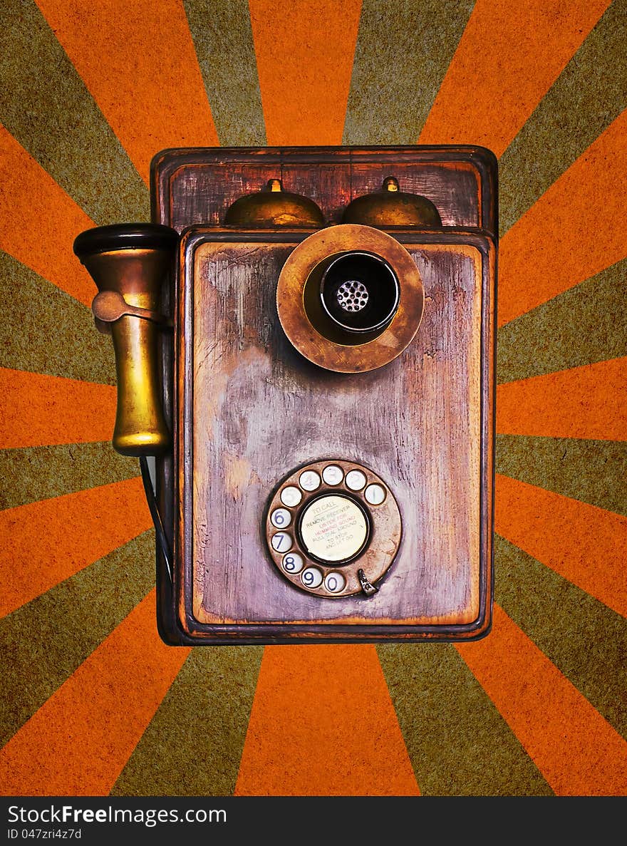 Vintage Telephone on grunge paper with abstract sun rays