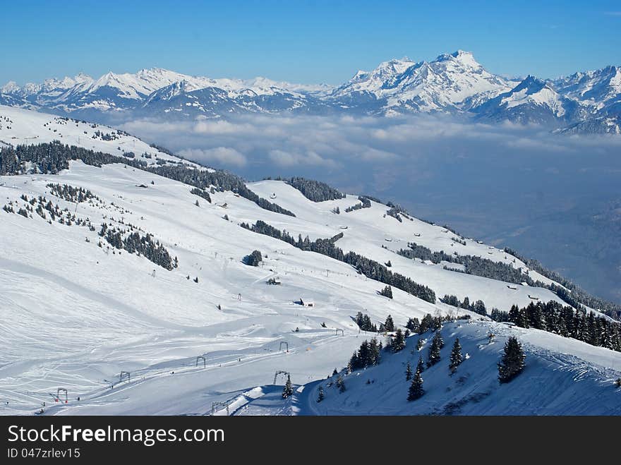 Ski slope in the swiss alps (Crosets, Portes du Soleil)