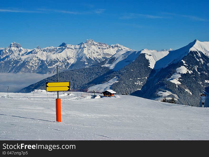 Sign on the ski slopes of Portes du Soleil. Sign on the ski slopes of Portes du Soleil