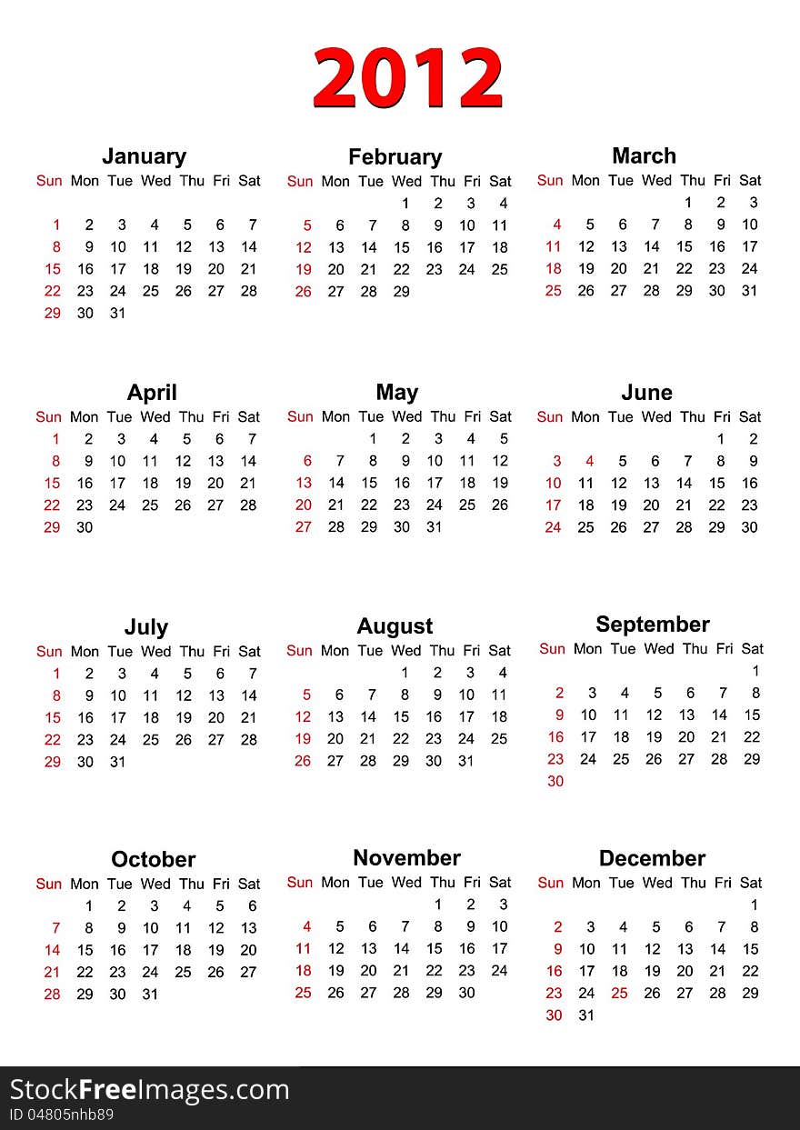 Calendar for 2012 on white background, vector format. Calendar for 2012 on white background, vector format