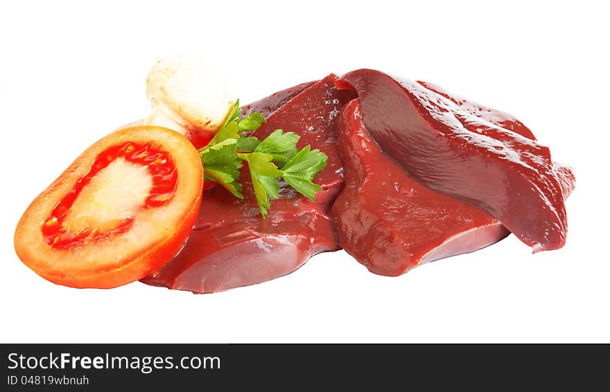 Fresh and raw liver on white background