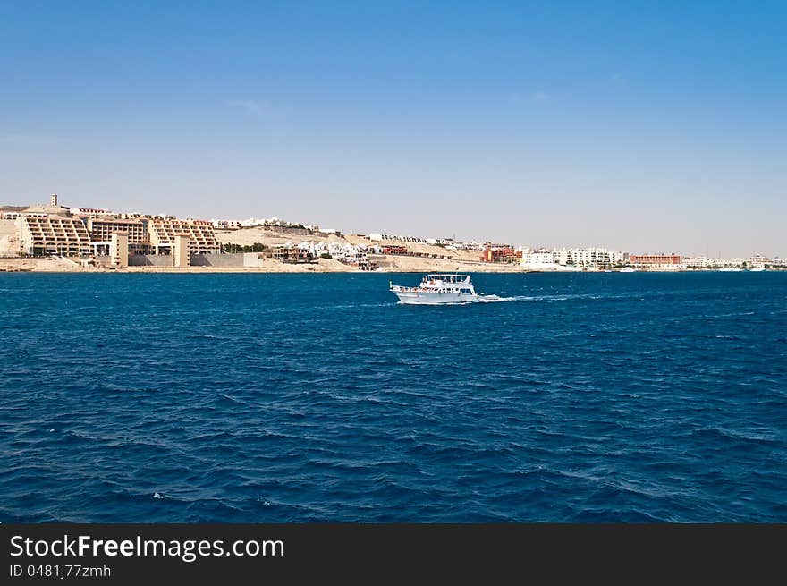 The view from the sea to the shore of Hurghada