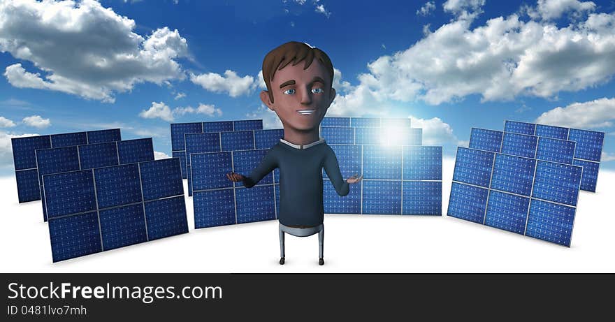 Man and behind him solar panels. Man and behind him solar panels