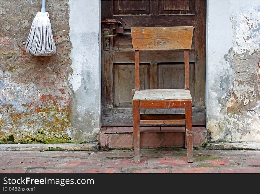 Wooden chairs and houses in rural areas.