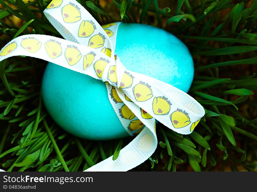 Easter egg with ribbon on the grass.