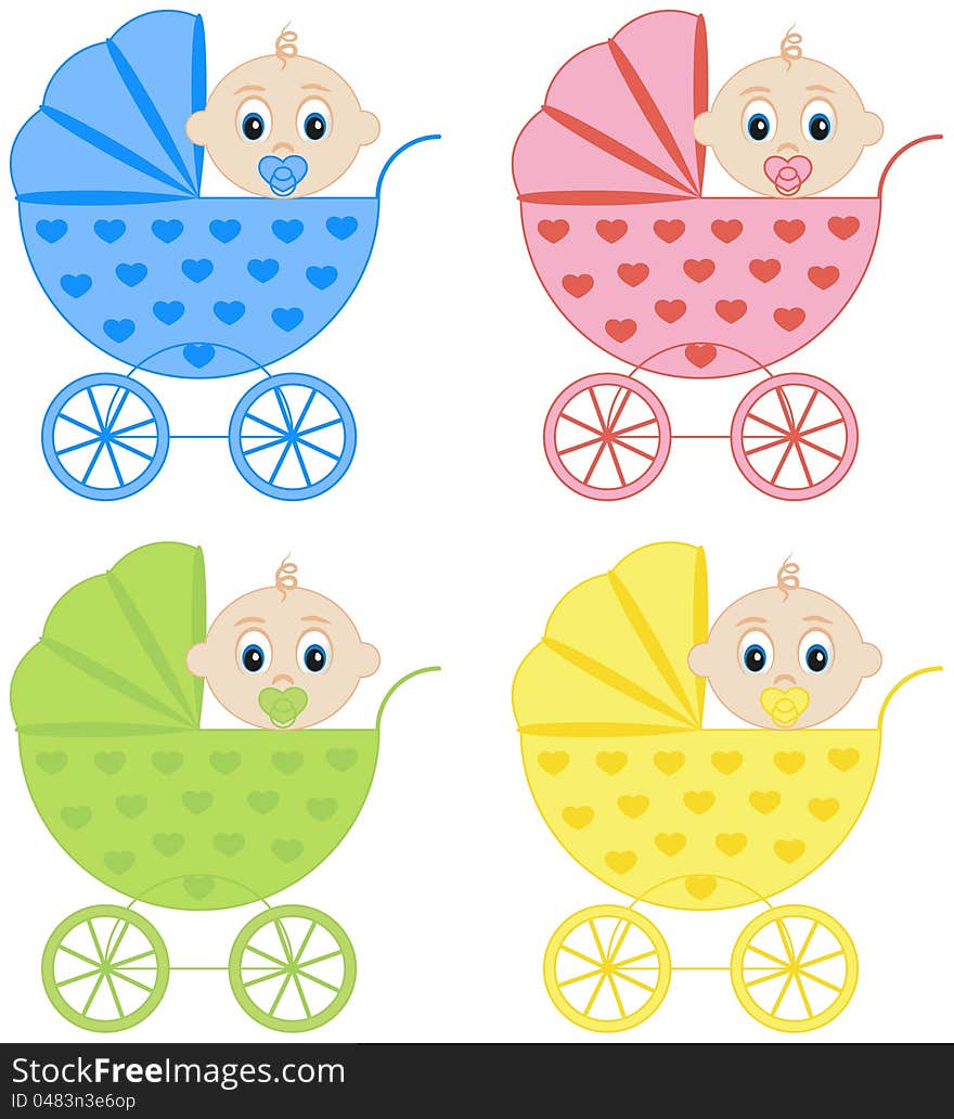 Collection of baby carriages in different colors vector illustration