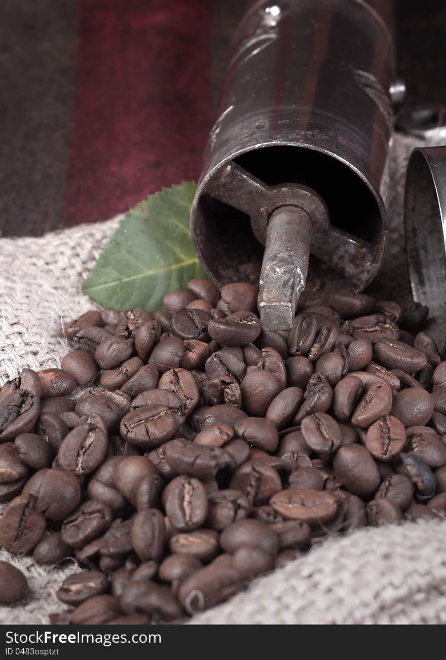 Coffee grinderon coffee beans close up