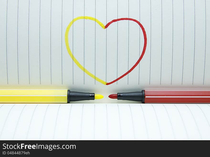 Color pen red and yellow Drawn Heart shape. Color pen red and yellow Drawn Heart shape