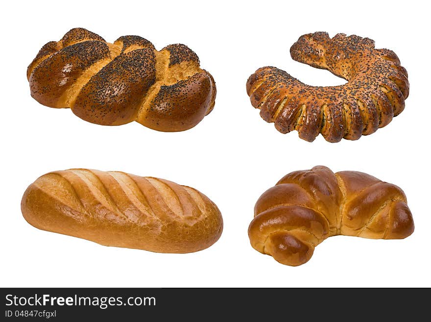 Collage of four loaves isolated on white background, studio lights. Collage of four loaves isolated on white background, studio lights