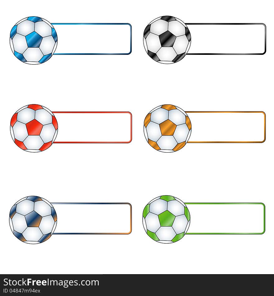 Six multi-colored balls with white labels for the text