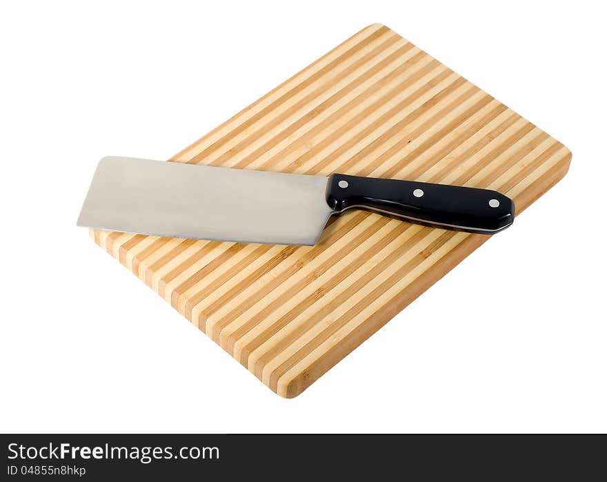 Meat-cleaver and chopping board isolated on white background