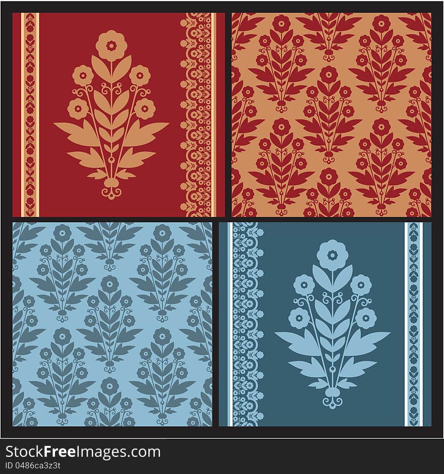 Set of Floral Design Elements - Seamless Pattern, Border