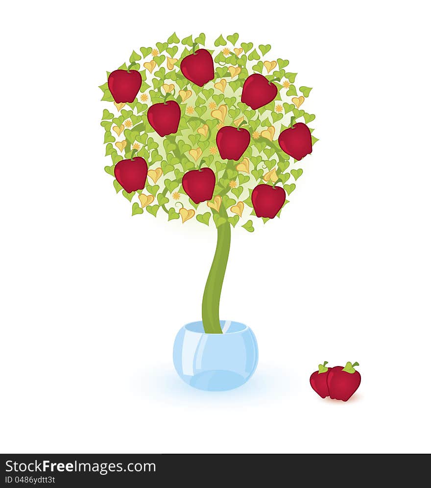 Vector illustration of a tree with red apples  growing in crystal bowl