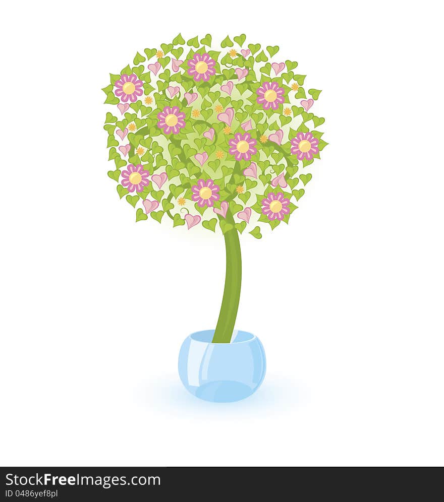 Vector illustration of a tree with pink flowers growing in crystal bowl