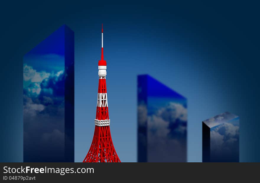 Tokyo tower and skyscrapers against the dark blue sky. Tokyo view.