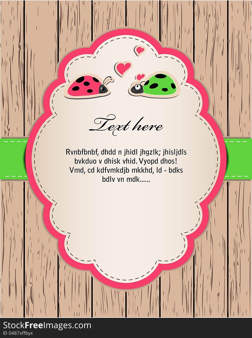 Wooden card with ladybirds in love. vector eps 8