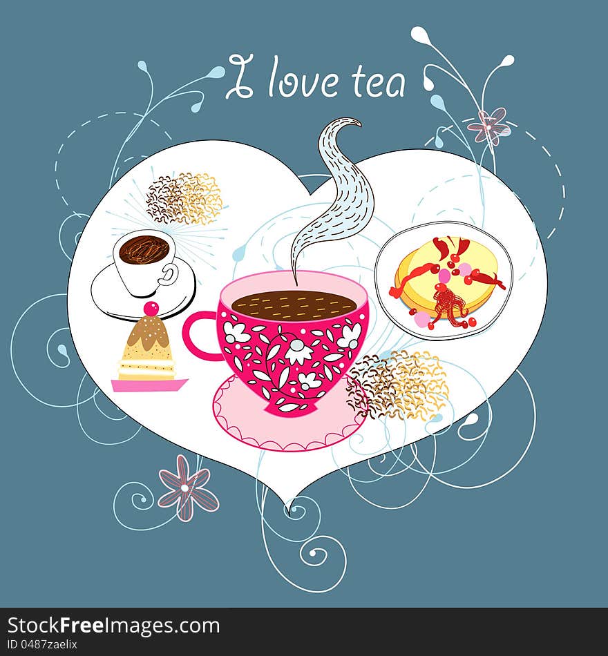 Graphics card with tea and cakes on blue decorative background. Graphics card with tea and cakes on blue decorative background