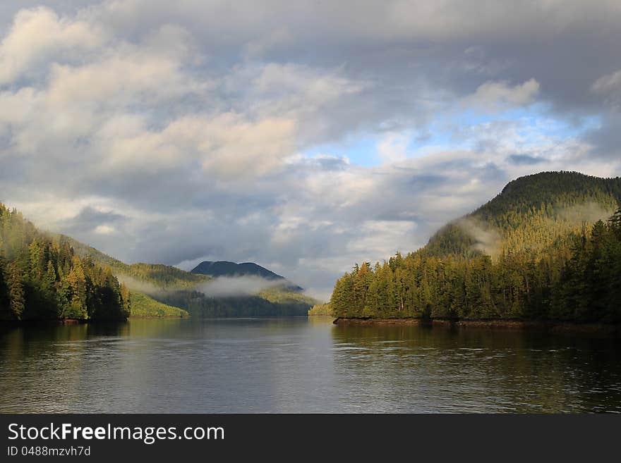 Low clouds and fog in Jackson Narrows, Inside Passage, Alaska