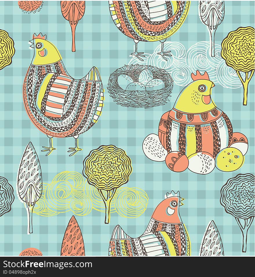 Decorative country Easter card or seamless tile with chickens and eggs on a checked background