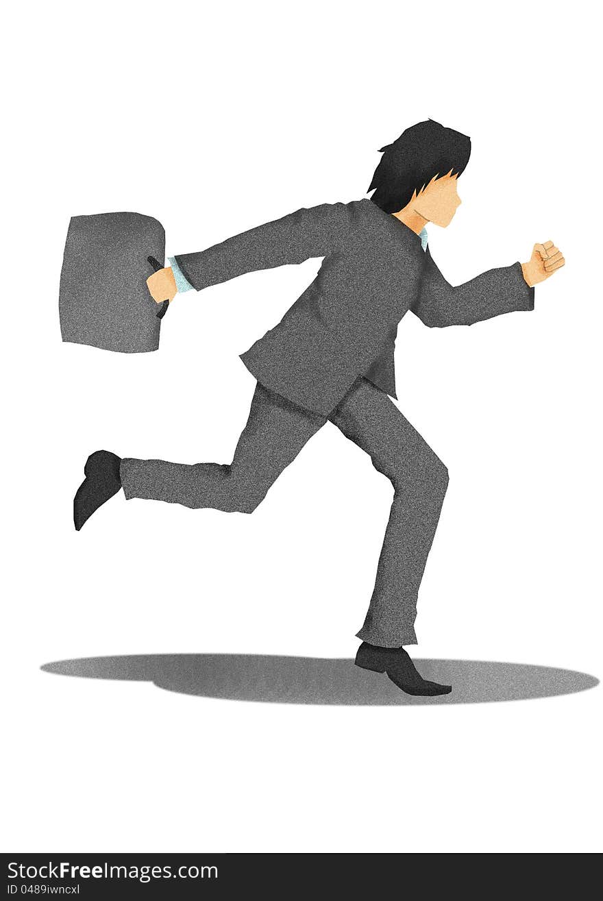 Business man with briefcase running on white background,illustration