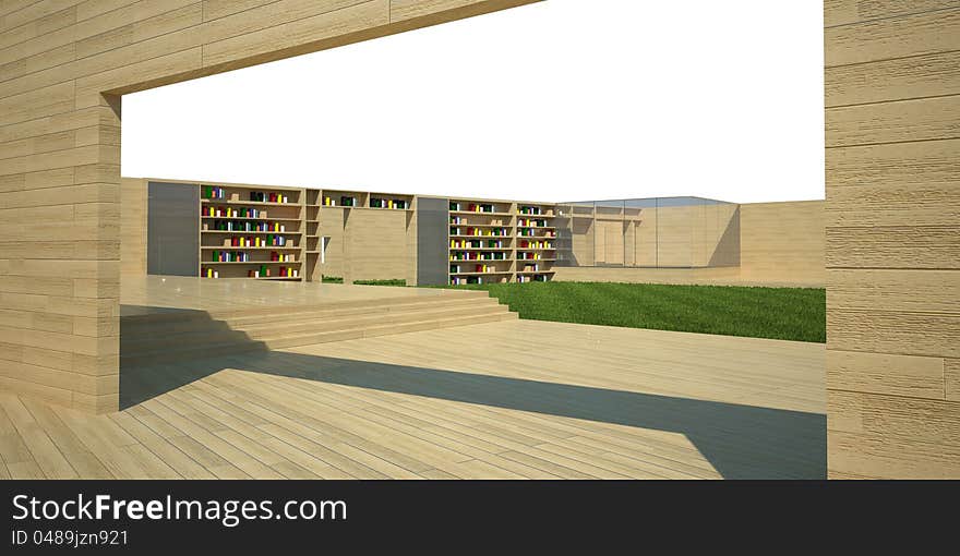 Modern open library on white background, 3d illustration. Modern open library on white background, 3d illustration.