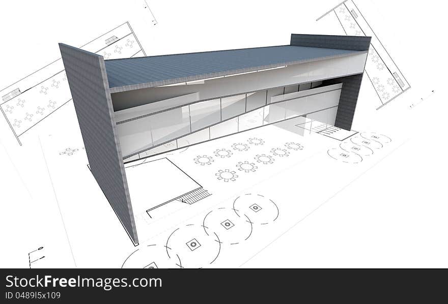 3d illustration of modern building construction concept with plan isolated on white.