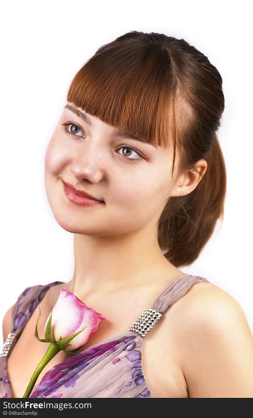 Portrait of beautiful woman with pink rose isolated on a white background