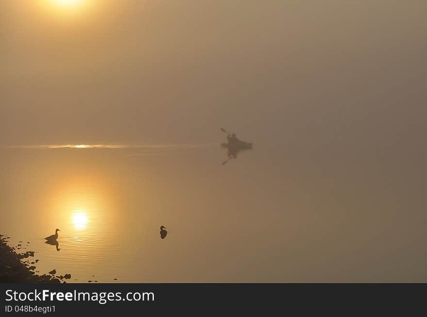 Kayak on foggy morning