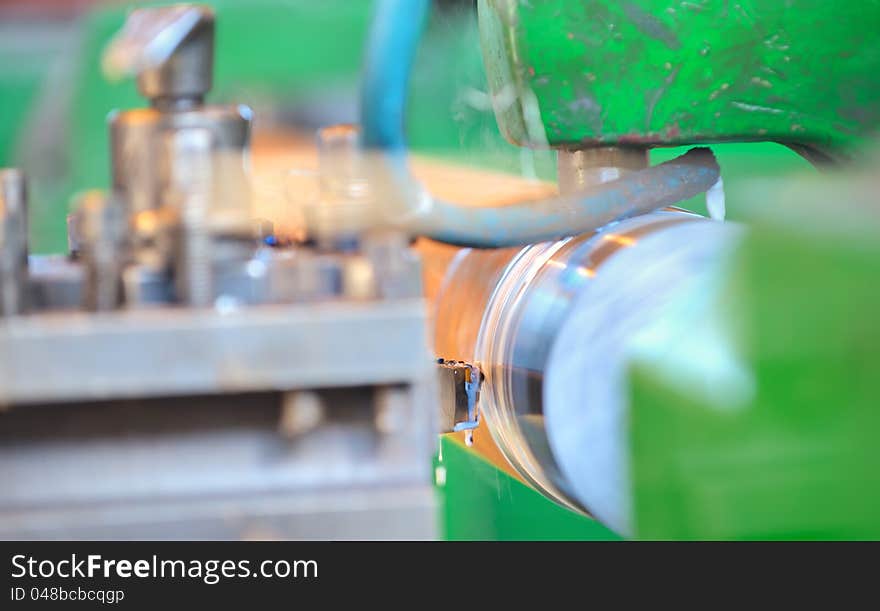 Turning lathe in action shoot inside of factory