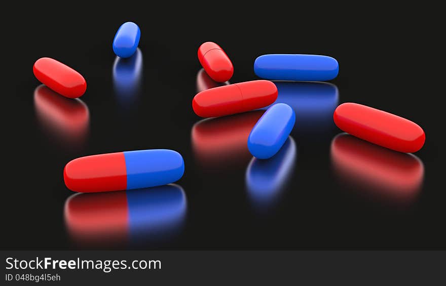 3d pills in red and blue. 3d pills in red and blue.