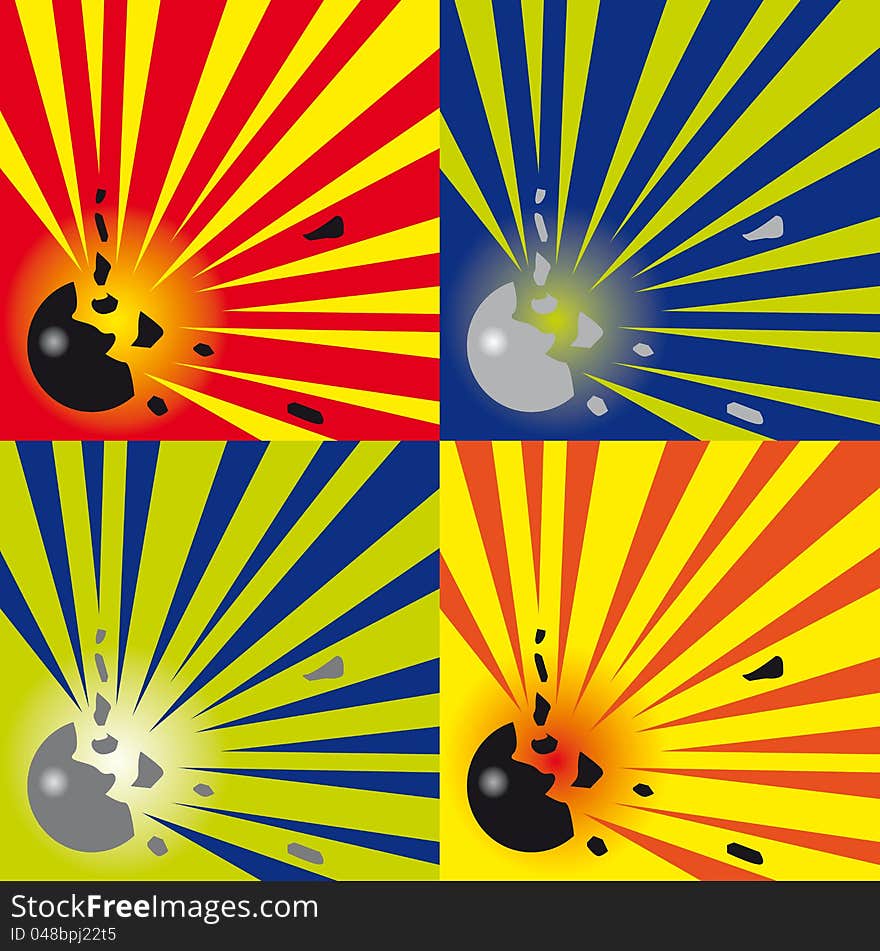 Set of abstract explosions background in four colour combinations