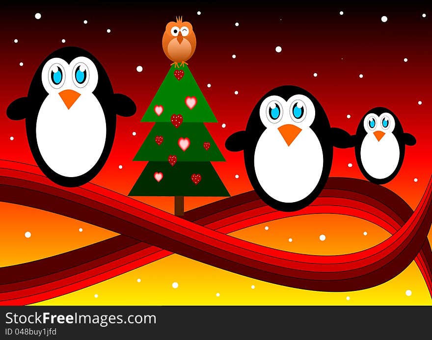 Penguins family on christmas background. Penguins family on christmas background