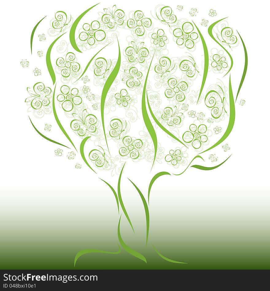 Fine abstract green tree with flowers and butterflies