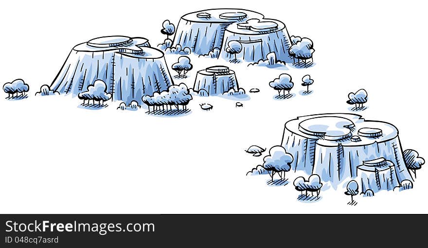 A cluster of rocky, cartoon hills surrounded by trees. A cluster of rocky, cartoon hills surrounded by trees.