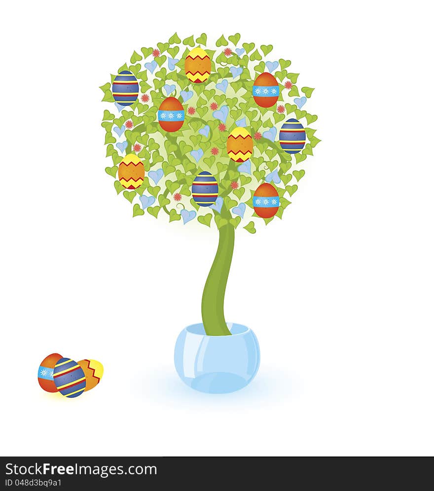 Vector illustration of a tree with Easter eggs  growing in crystal bowl