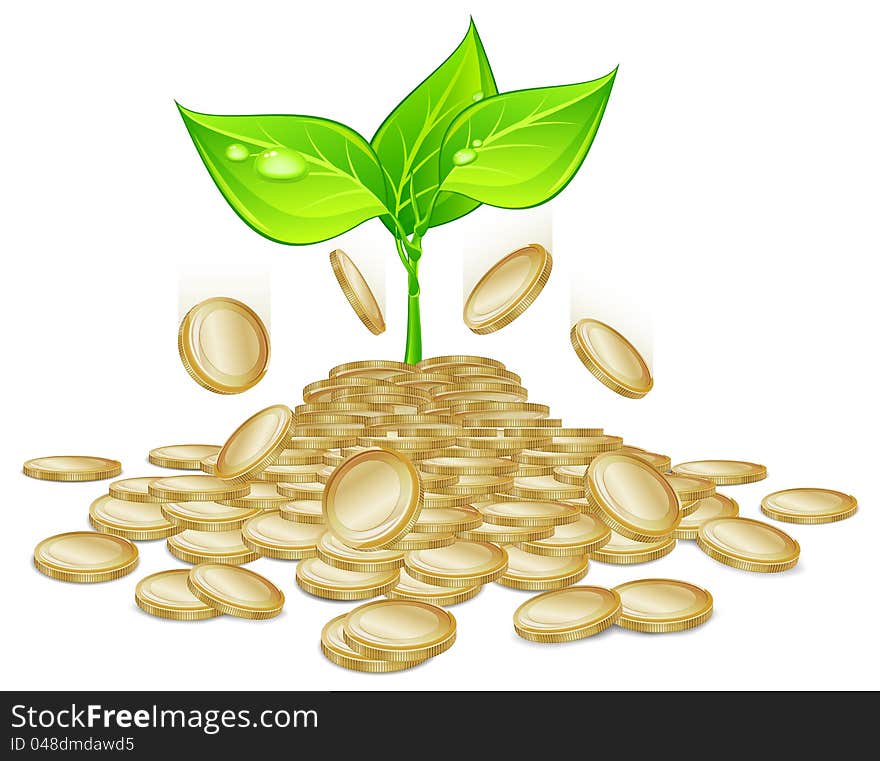 Sprout plants growing through the pile of gold coins, vector illustration. Sprout plants growing through the pile of gold coins, vector illustration