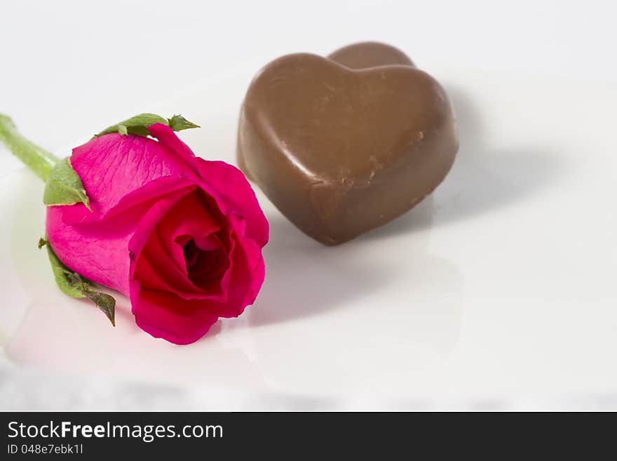 Chocolate heart and rose in the Valentine's Day, white background. Chocolate heart and rose in the Valentine's Day, white background