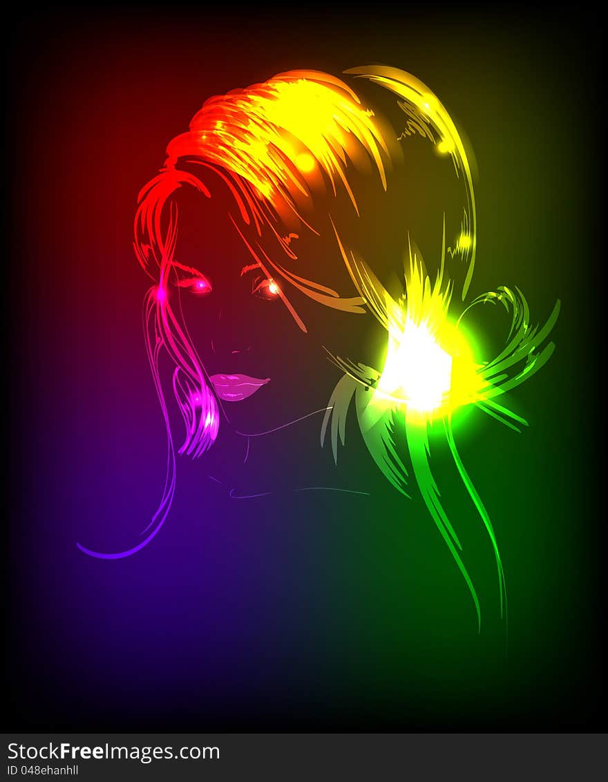 Hand-drawn fashion model from a neon. A light girl face.