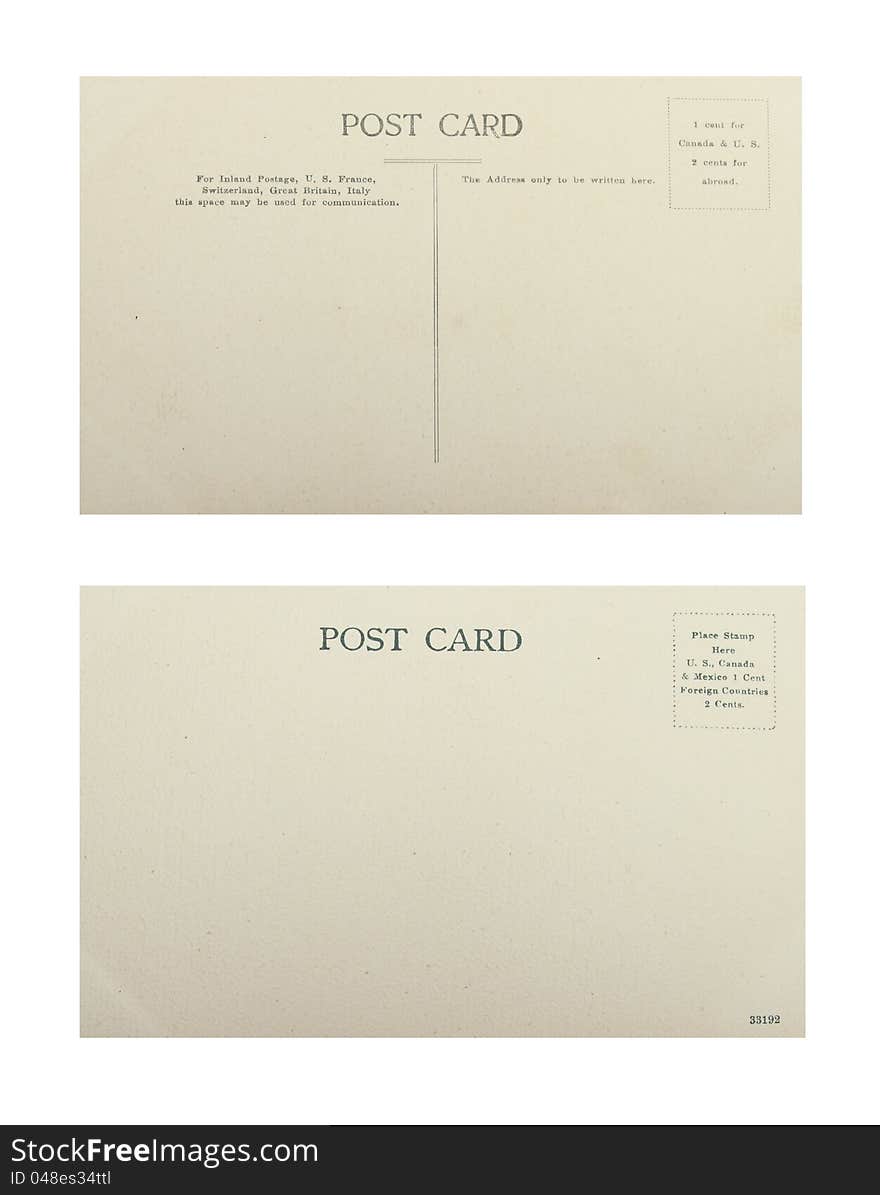 Two type of blank post cards from one hundred years ago. Two type of blank post cards from one hundred years ago