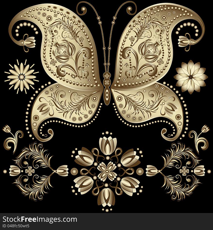 Set gold vintage butterfly and flowers on black ()