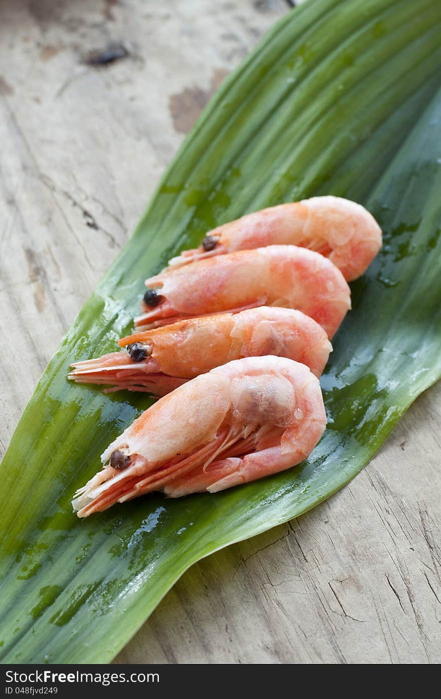 Boiled shrimps over green leaf