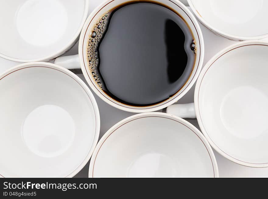 Group of coffee mug full and empty over white background. Group of coffee mug full and empty over white background