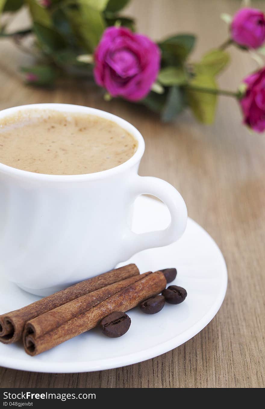 Cup of cappuccino with cinnamon and  coffee beans