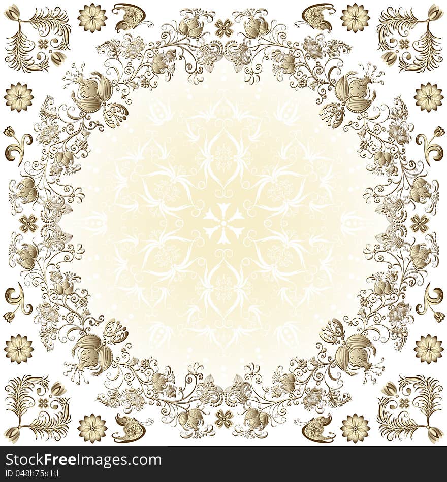 Gold easter round frame with vintage floral border and butterflies (vector)