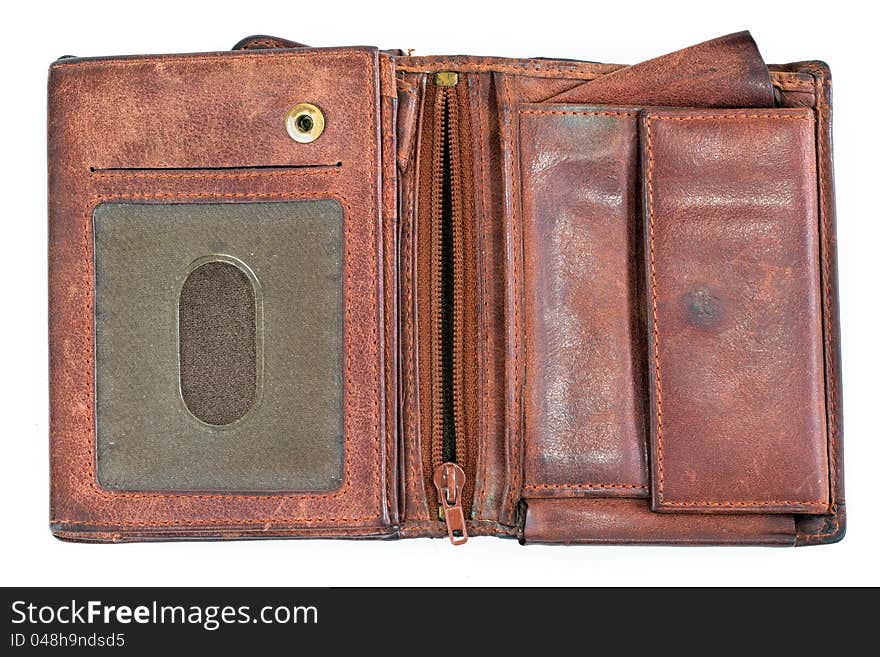 Old brown leather purse on white background. Old brown leather purse on white background