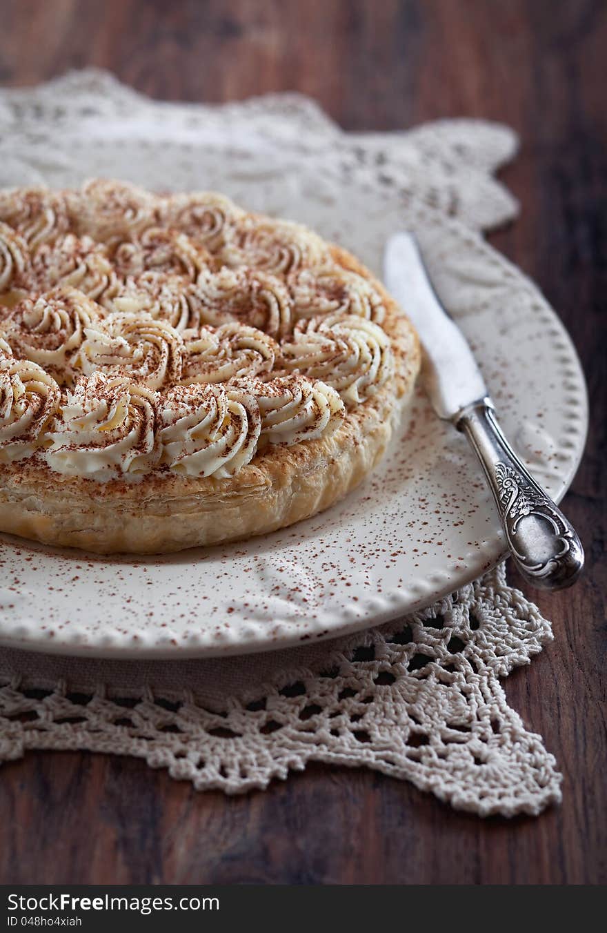 Tart with jam, chocolate, and cream cheese selective focus