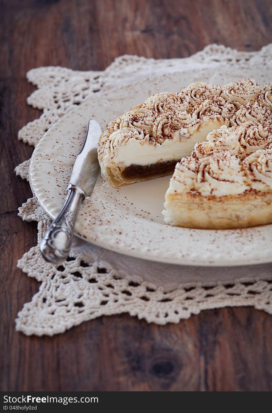 Tart with jam, chocolate, and cream cheese selective focus