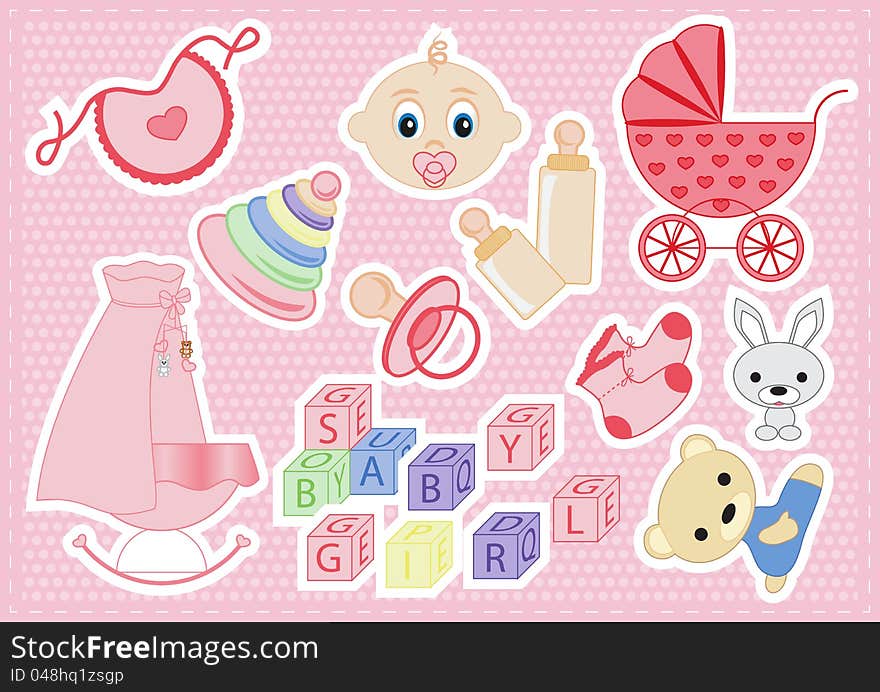 Baby elements of a girl on a pink background vector illustration. Baby elements of a girl on a pink background vector illustration