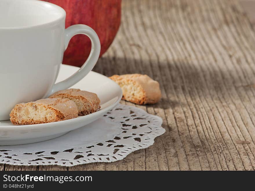 Traditional italian cantuccini cookies and a cup of coffee