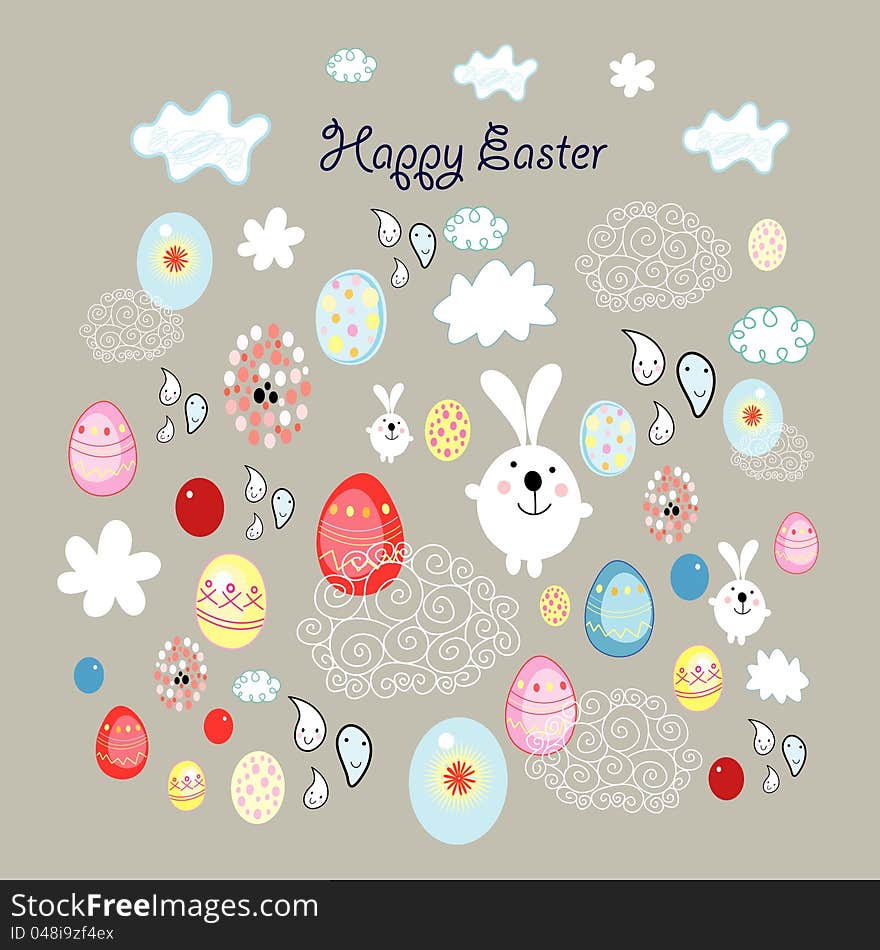 Funny Easter card with colored eggs and rabbits on a brown background with clouds. Funny Easter card with colored eggs and rabbits on a brown background with clouds